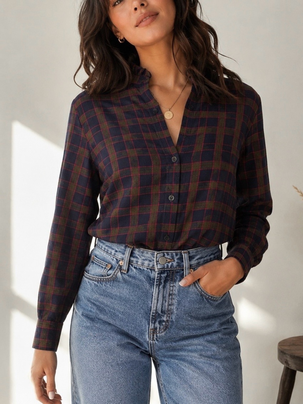 Rails Andie Ruffle Collar Plaid Flannel Button-Up Shirt in Navy, Olive & Fuchsia